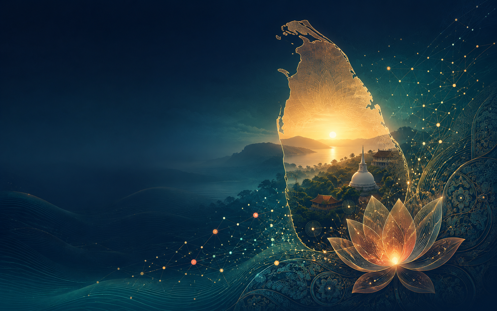 Artistic Sri Lankan landscape, lotus and digital evidence pathways